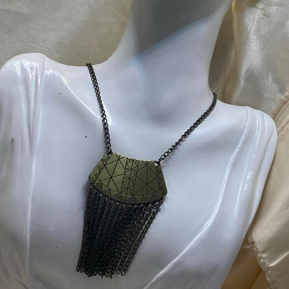 Vintage Egyptian Revival Brass Fringe Necklace Geometric Etched Chain Tassel